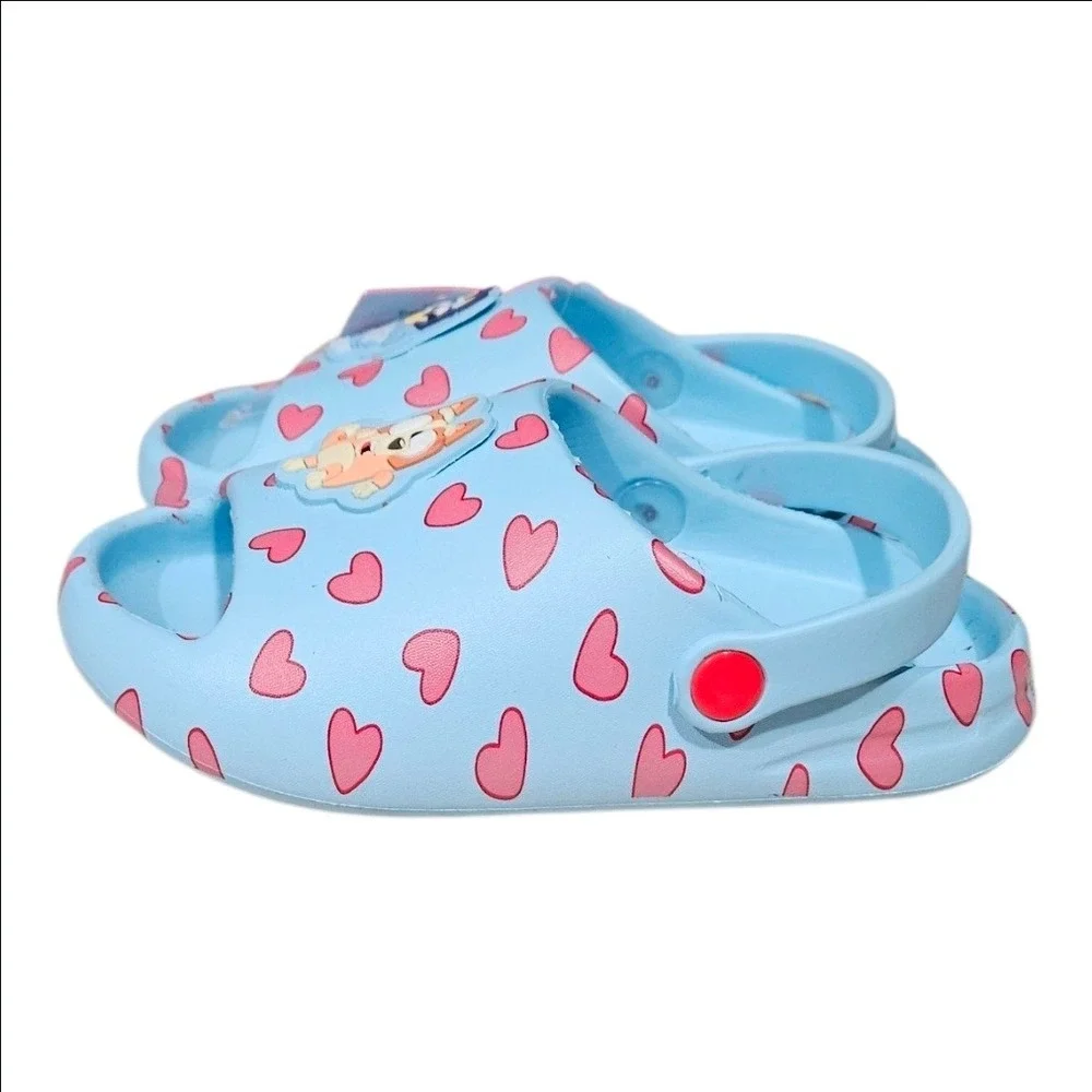 Bluey Bingo Kids Clogs Light Blue Pink Hearts Slip On Sandals Shoes Size 11-12
